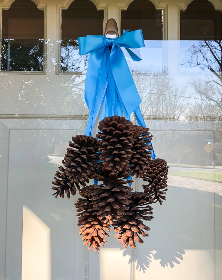 Pine cones hanging from ribbons on a front door