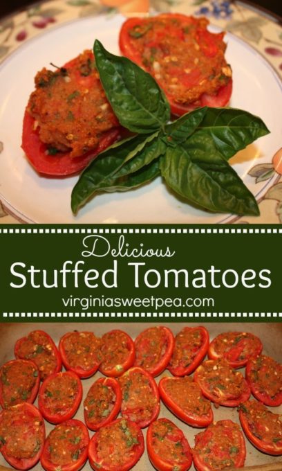 Delicious Stuffed Tomatoes - Use fresh from the garden Roma tomatoes to make this delicious side dish. virginiasweetpea.com #tomatoes #RomaTomatoes #sidedish #stuffedtomatoes