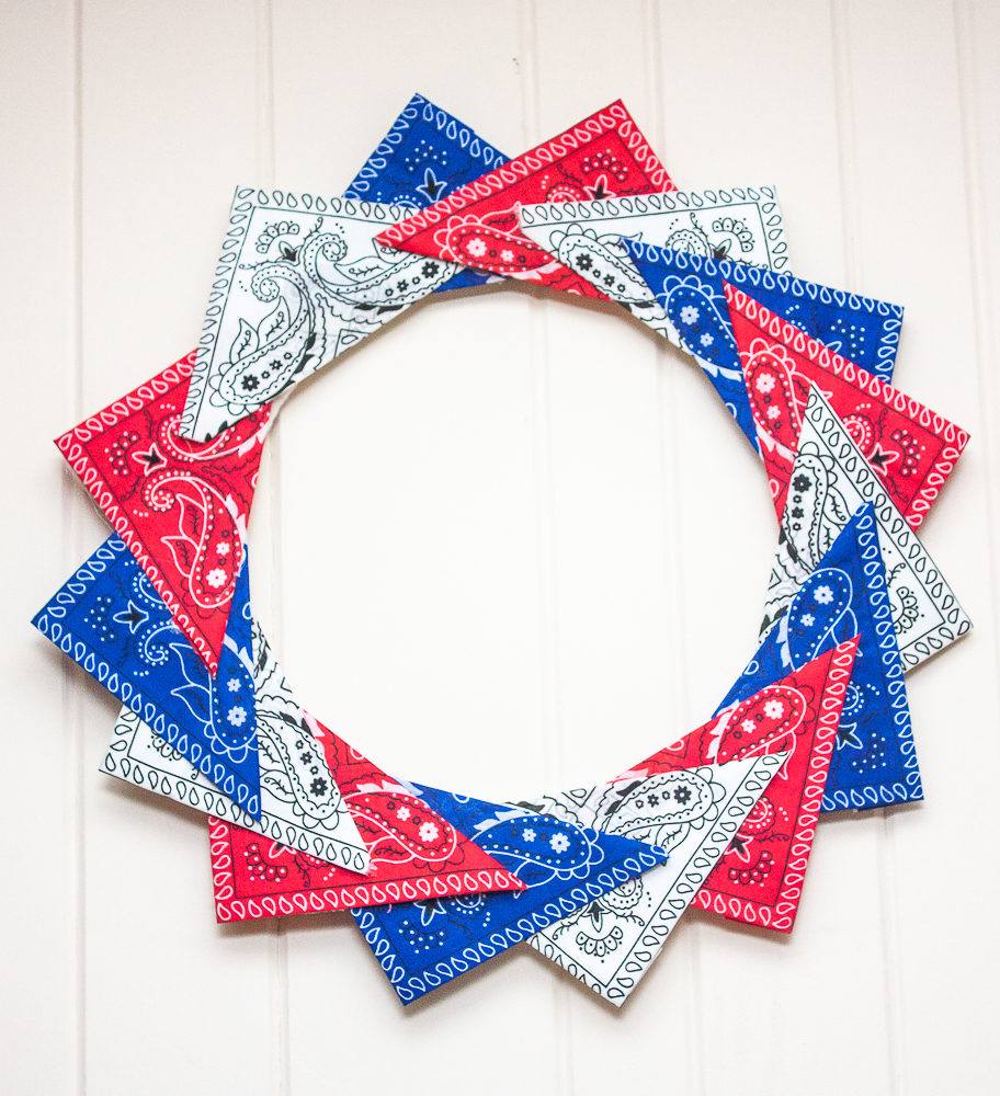 Red, white, and blue wreath made with folded bandanas