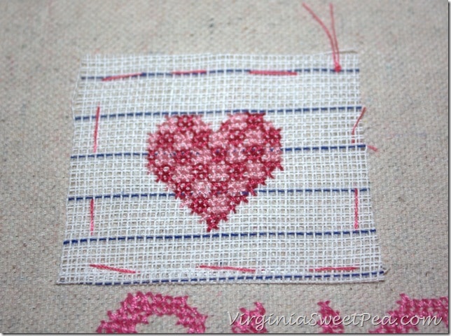 How to Make a Cross Stitch Valentine's Day Tea Towel using a Drop Cloth - virginiasweetpea.com