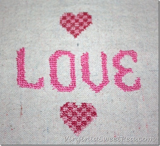 How to Make a Cross Stitch Valentine's Day Tea Towel using a Drop Cloth - virginiasweetpea.com