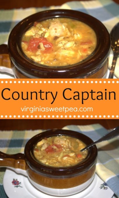 Country Captain - Chicken, sausage, and loads of veggies in a savory sauce with a hint of sweetness makes a delicious meal.  virginiasweetpea.com  #countrycaptain #chicken #chickenrecipe #sausage #stew #stewrecipe 