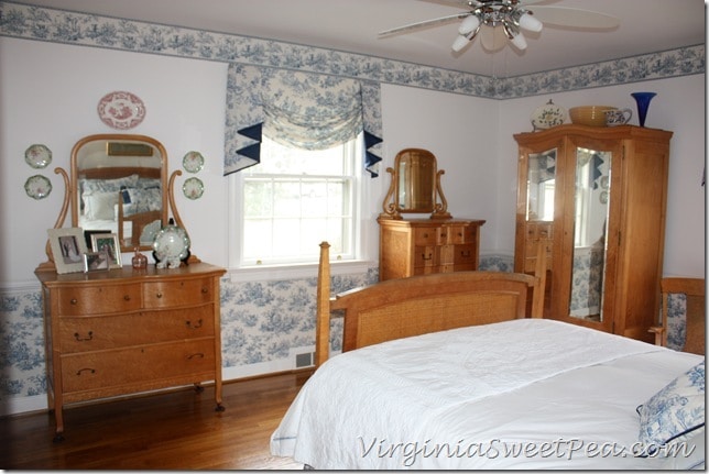 Toile Bedroom with Antique Birds Eye Maple Furniture