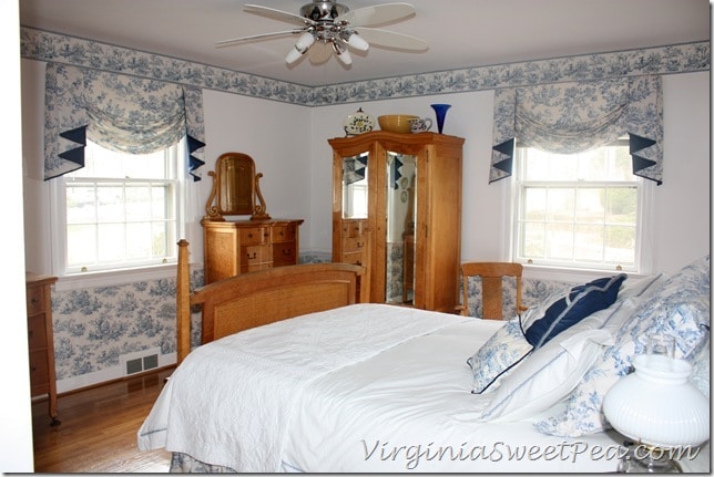 Toile Bedroom with Antique Birds Eye Maple Furniture