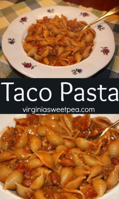 Taco Pasta - This yummy pasta dish requires just 7 ingredients and you can have it on the table and ready to enjoy in just 30 minutes. virginiasweetpea.com #pasta #tacopasta #30minutemeal #pastarecipe 