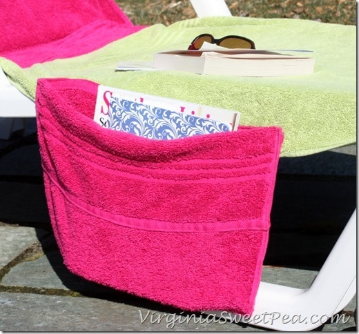 Lounge chair cover made from towels with a pocket for magazines