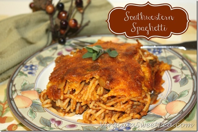 Southwestern Spaghetti - Spaghetti with a kick!   virginiasweetpea.com  #spaghetti #southwesternrecipe #spaghettirecipe  #pasta