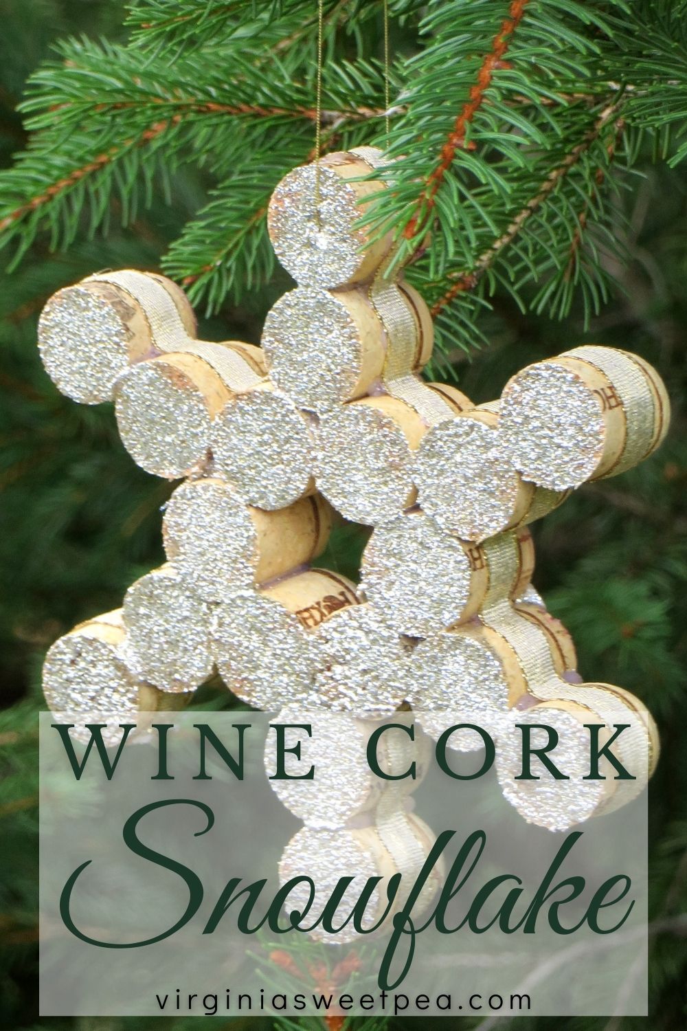 Snowflake Christmas Ornament made with cut pieces of wine cork.