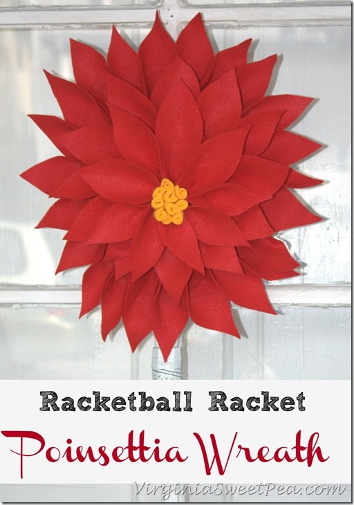  Poinsettia Wreath made using an upcycled Racketball Racket - Get the step-by-step tutorial to make your own Christmas wreath using an old racketball racket.