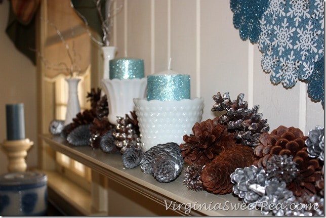 Glittered Candles on Winter Mantel