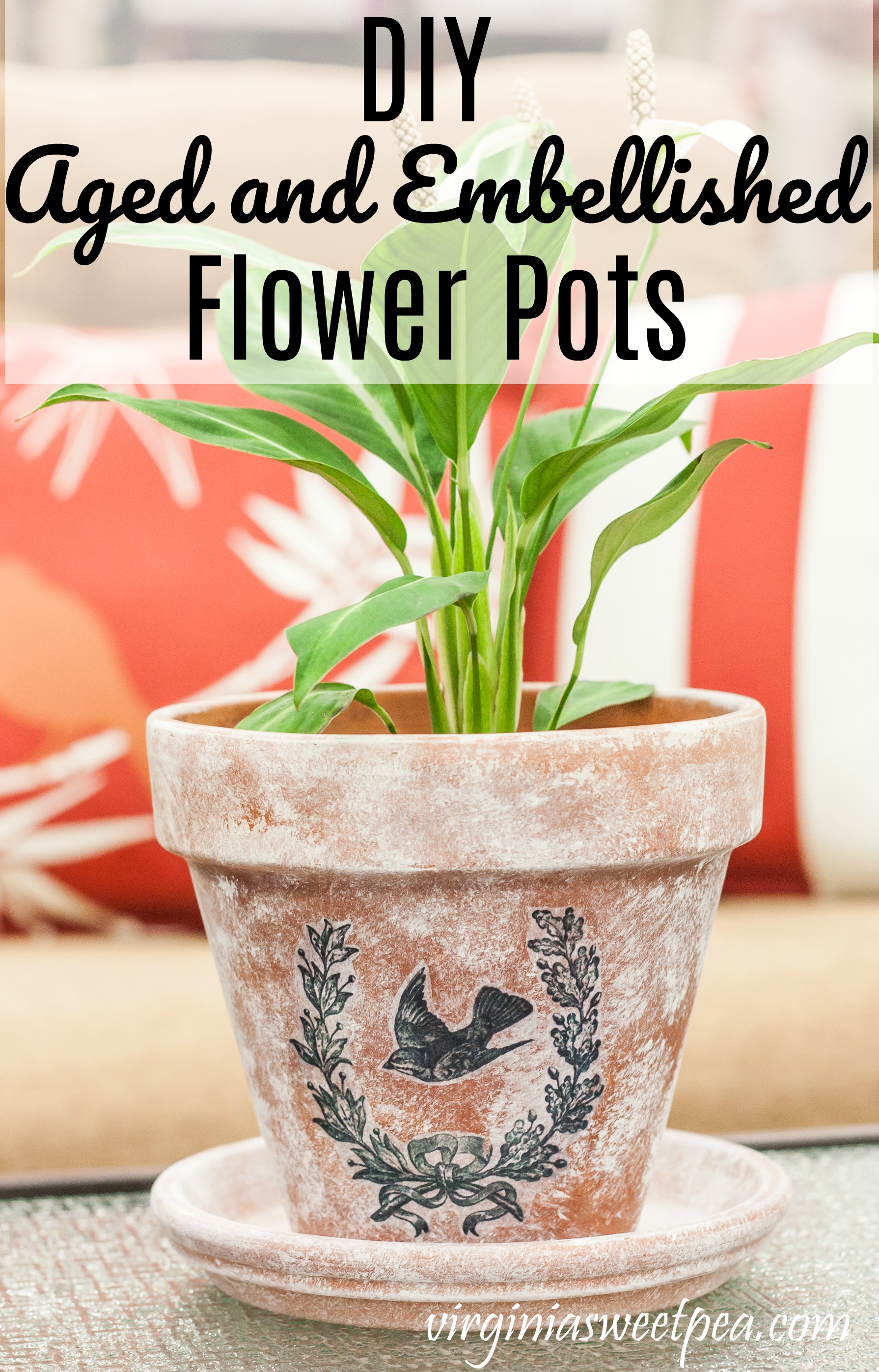 DIY Aged and Embellished Flower Pots - Learn how to paint a pot to make it look aged and also how to transfer an image to the pot.