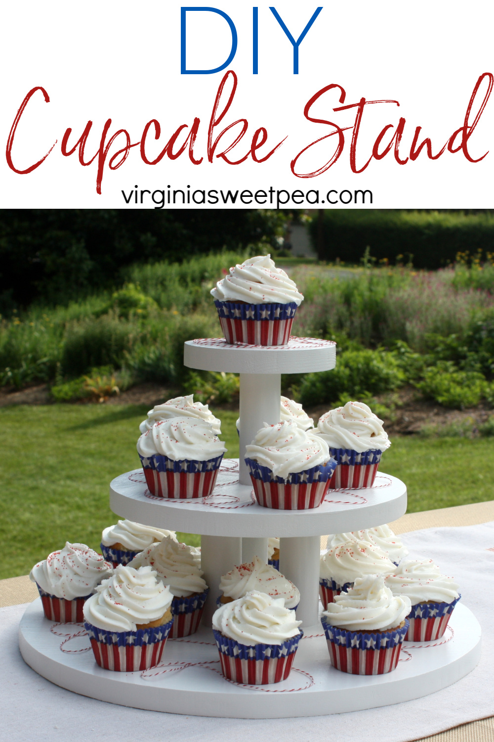 Handmade cupcake stand with three tiers holding 4th of July cupcakes