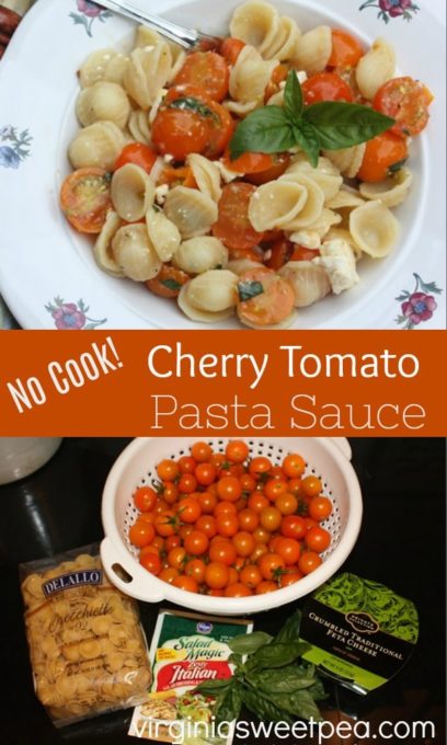 No Cook Cherry Tomato Pasta Sauce - Cook the pasta but not the sauce when you make this easy pasta recipe.  virginiasweetpea.com  #pasta #cherrytomato #pastarecipe