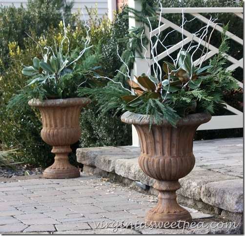 Christmas Urns on the Front Porch