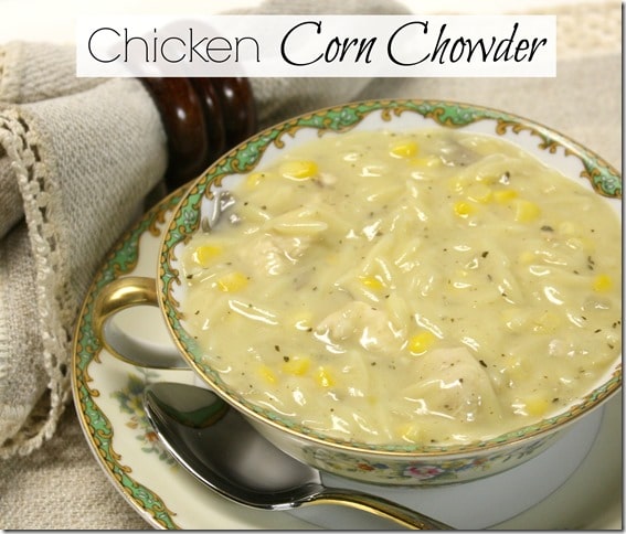 Chicken Corn Chowder by virginiasweetpea.com Chicken corn chowder in an antique Noritake soup bowl.