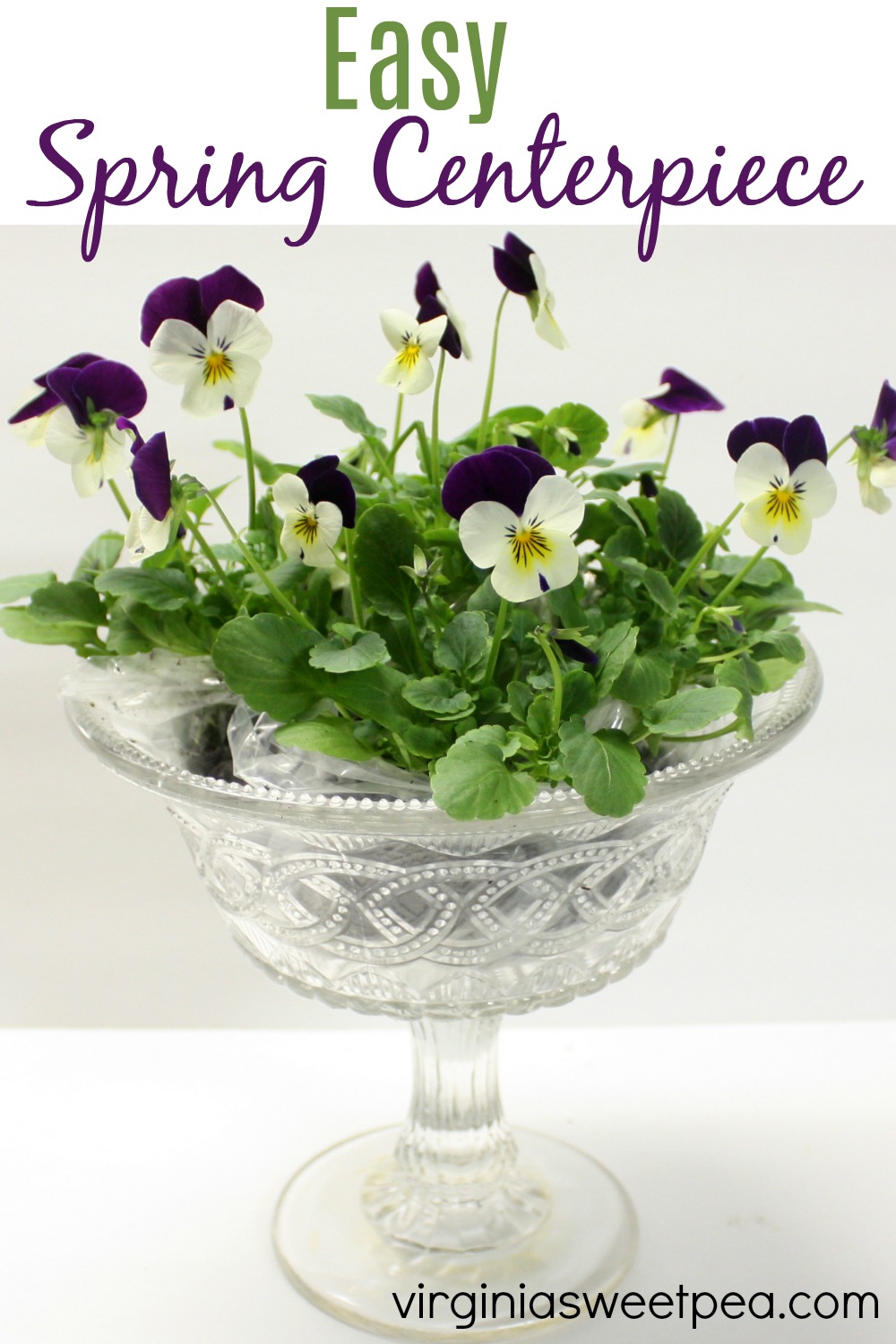 Spring centerpiece with pansies in a compote bowl