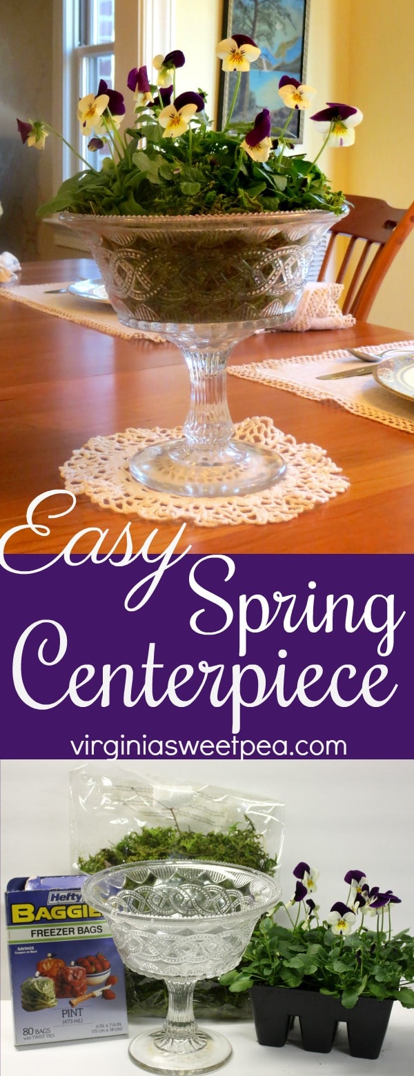 Easy Spring Centerpiece - A pack of pansies, moss and a pretty bowl are all you need to make a pretty spring centerpiece for your table. A bonus is the plants can later be planted outdoors.