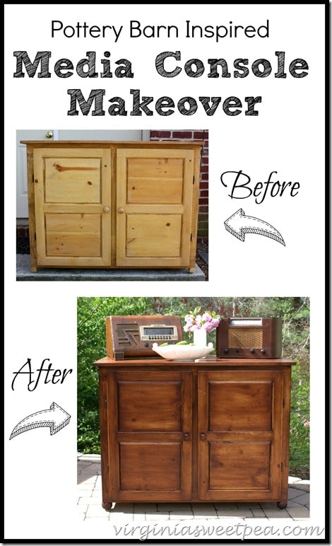 Pottery Barn Inspired Media Console Makeover - Stain makes this piece go from blah to wow!