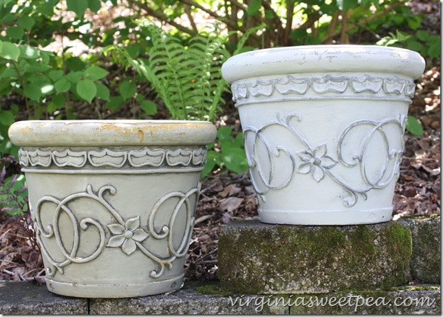 Flower pot makeover with paint - Give an old pot an updated look with paint in two complementary colors.  In very little time your pots will look like new.  virginiasweetpea.com