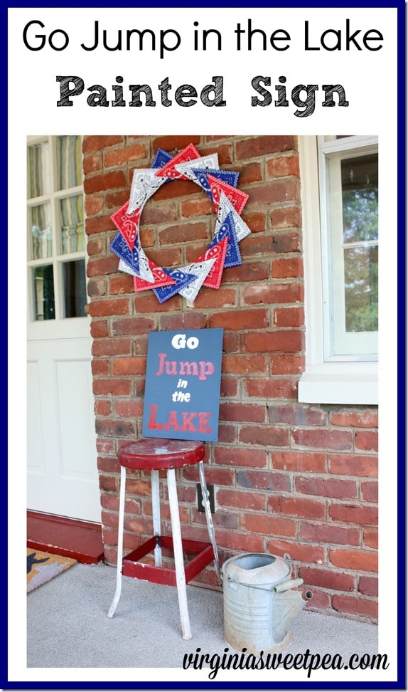 A "Go Jump in the Lake" sign is perfect for summer decor.  Make your own using the provided printable.  virginiasweetpea.com