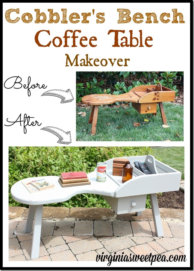 A cobbler's bench coffee table  found at Goodwill got a makeover with paint.  virginiasweetpea.com