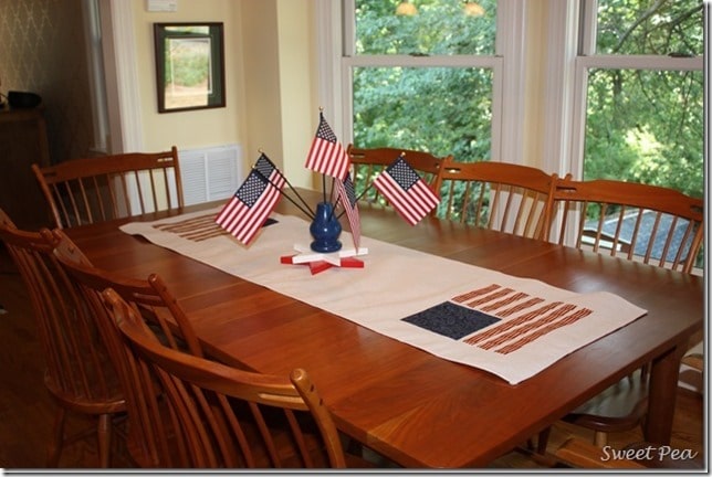 Patriotic Table Runner Using a Drop Cloth - The flags were made from quilting fabric.