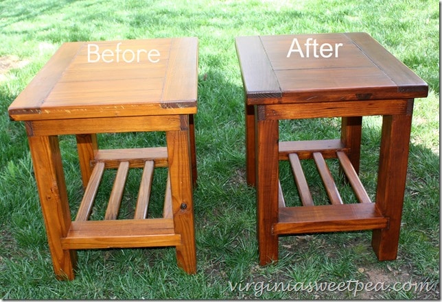 End tables purchased in the 1980's from Cargo Furniture get a makeover with General Finishes stain in Mahogany.  virginiasweetpea.com