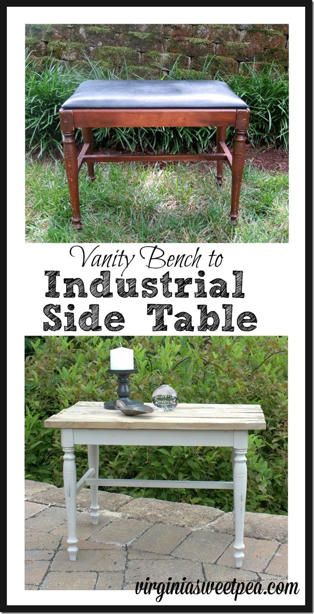 A sad vanity bench is transformed into a side table with a pallet wood top giving it an industrial flair. virginiasweetpea.com