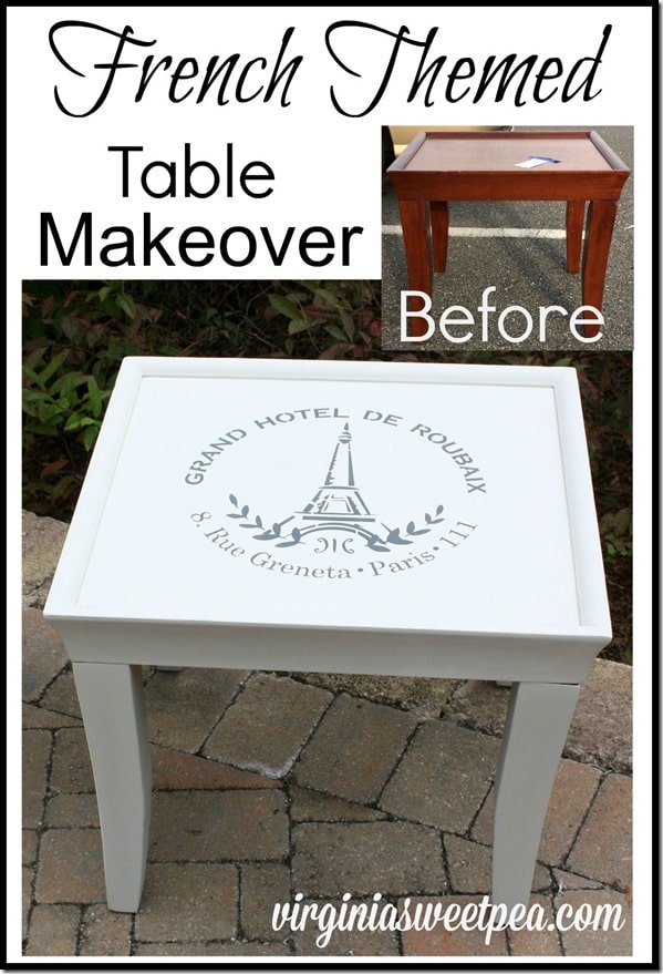 French Themed Table Makeover - A Goodwill table gets a makeover with paint and a Paris stencil. virginiasweetpea.com