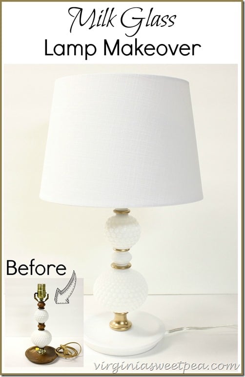 A milk glass lamp gets an easy makeover giving it a fresh look. This was a $3 thrift shop find!