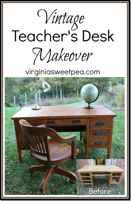 Vintage Teacher's Desk Makeover - A $25 found at Goodwill desk gets a makeover with stain and some TLC. It's so pretty now! virginiasweetpea.com