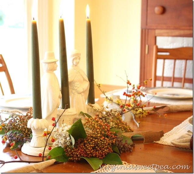 Thanksgiving Centerpiece using Vintage Pilgrim Pottery and Florals from Nature