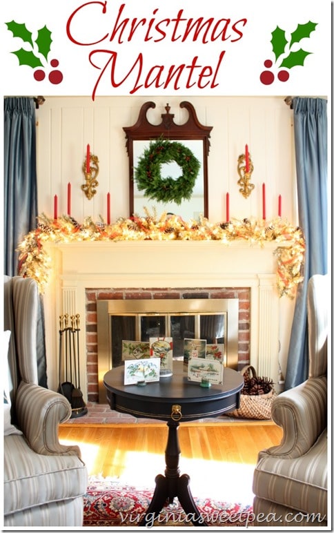 Christmas Mantel with red, green and gold. virginiasweetpea.com