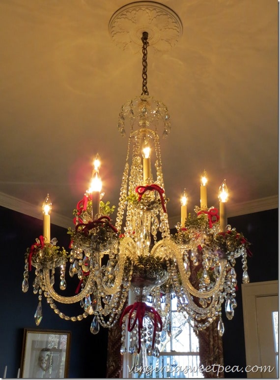 Chandelier Decorated for Christmas on the 2015 Waynesboro, VA Historic Homes Tour.