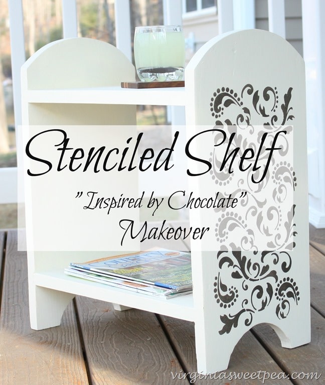 Stenciled Shelf Makeover - A 1960's handmade shelf gets a makeover with paint and stenciling. virginiasweetpea.com