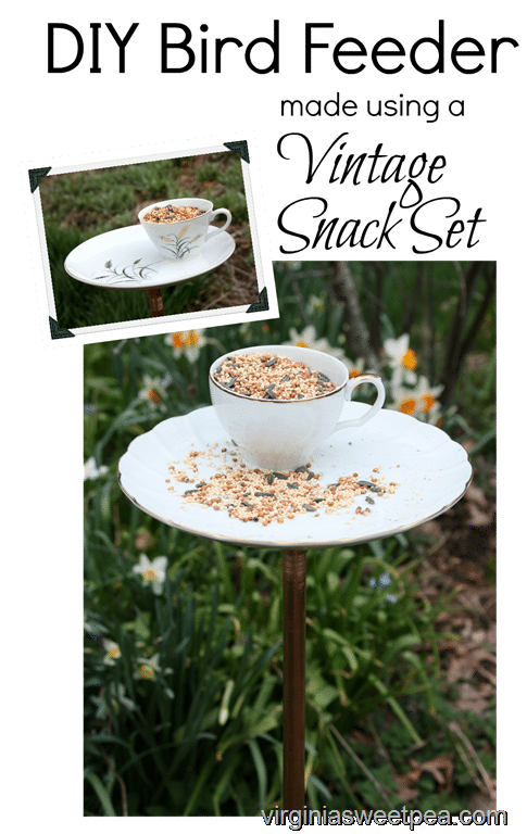 DIY Bird Feeder Made Using a Vintage Snack Set - Get the full tutorial with step-by-step instructions at virginiasweetpea.com
