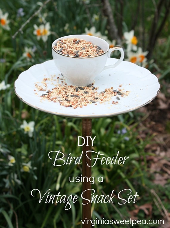 DIY Bird Feeder Using a Vintage Snack Set - Learn how to make your own. This is an easy DIY! virginiasweetpea.com