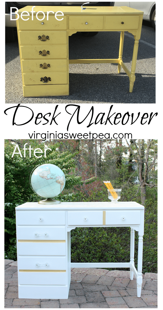 A Goodwill found desk gets a makeover with paint and glass knobs