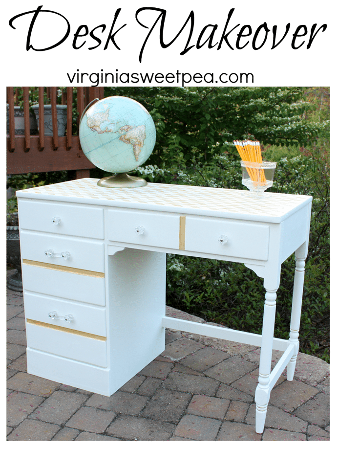 Vintage Ethan Allen desk painted white with gold accents and clear drawer pulls and knobs