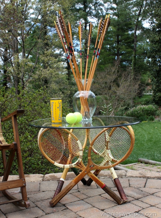 Vintage Tennis Racket Table - Learn how to make a table base with six vintage tennis rackets. virginiasweetpea.com