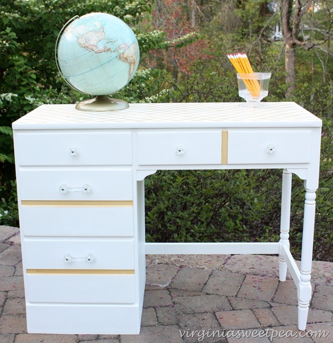 Vintage Ethan Allen desk painted white with gold accents