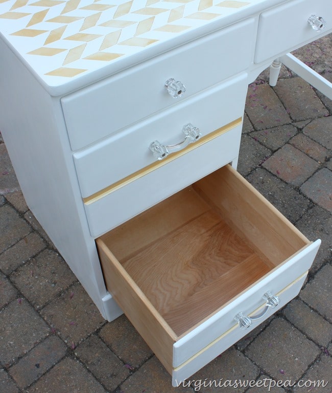 Drawer detail of a vintage Ethan Allen desk makeover