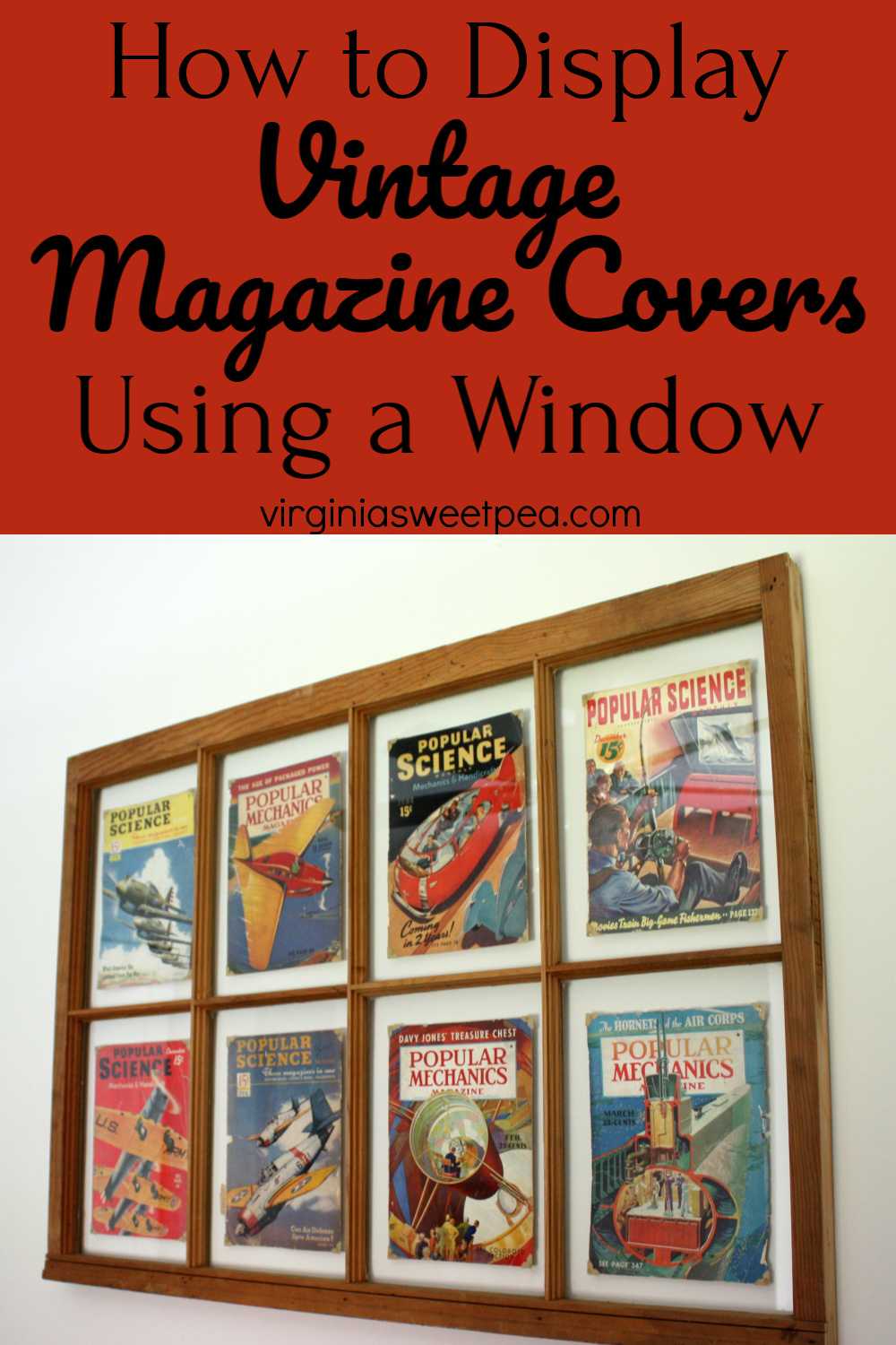 Vintage Popular Science and Popular Mechanics magazine covers displayed in a window