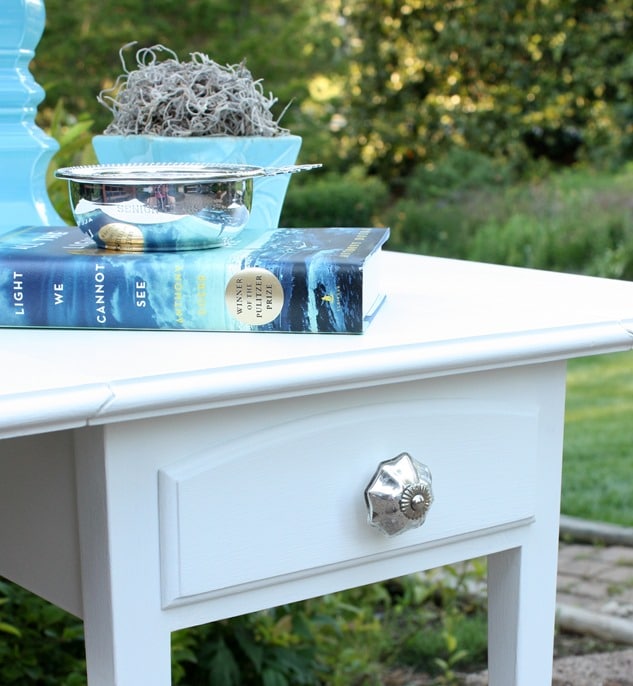 Mercury glass drawer hardward on a drop leaf table updated with paint.