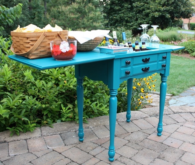 A sewing cabinet is now an outdoor bar and serving area. This would be perfect to use on a patio, deck, or beside a pool. Get the details at virginiasweetpea.com.