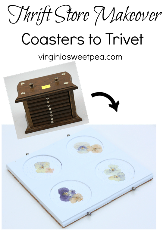 Thrift Store Makeover - Coasters upcycled to a pressed flower embellished trivet. virginiasweetpea.com