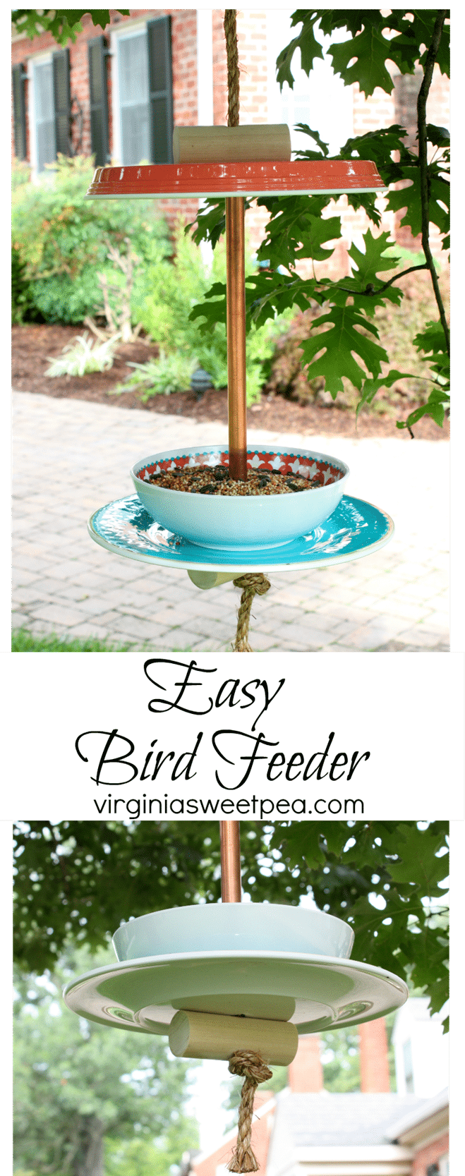 Learn how to make an easy bird feeder with plastic dinnerware. This is an easy DIY. Get the full tutorial at virginiasweetpea.com.