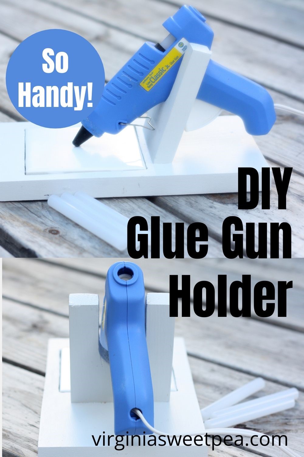 Handmade glue gun holder with a tile to catch drips