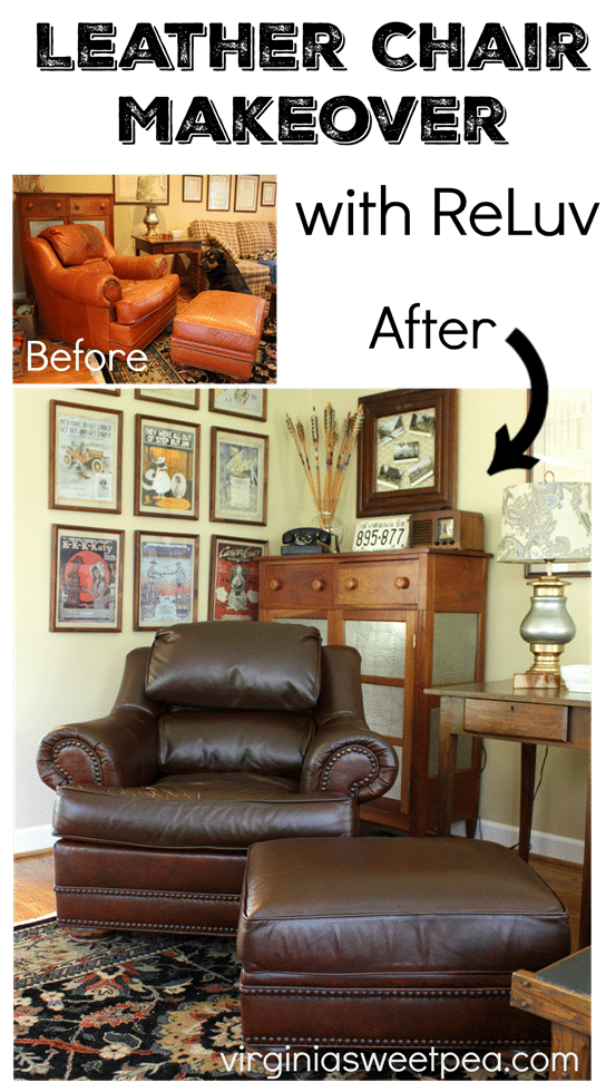 Leather Chair Makeover with ReLuv - Get the details on how I made this 20 year old chair look like new using one produt. Get the details at virginiasweetpea.com.