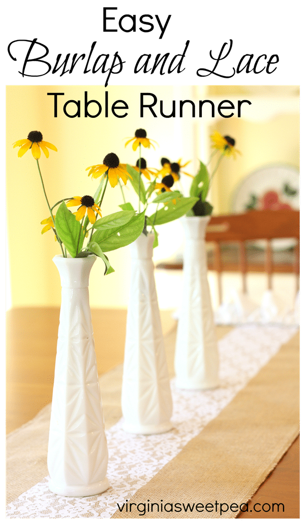 Make an easy burlap and lace table runner embellished with a sweet ruffle. This project can be made in under 30 minutes! virginiasweetpea.com